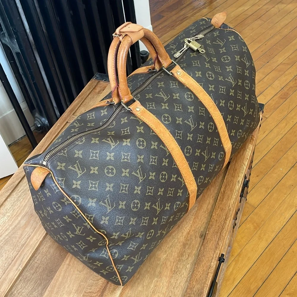 Louis Vuitton Brown Monogram Keepall Duffel with Tan Leather Trim